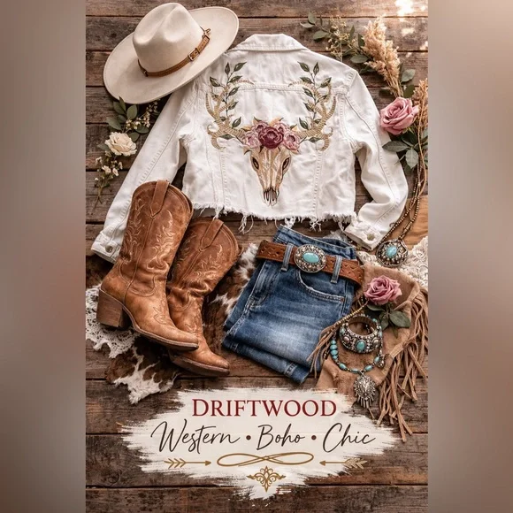 Driftwood Embroidered Western Denim Jacket Longhorn Floral Boho Trucker Medium - Picture 3 of 12